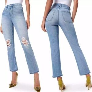 NWT Good American Good Boy Wide Release Hem Jeans Color Indigo085 size 14/32